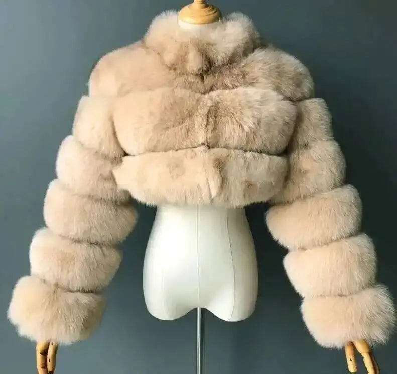 DEAT Fashion Women's Faux Fur Coat Stand Neck Long Sleeve Zipper Short Solid Color Thick Warm Jackets Winter 2024 New 7AB6434