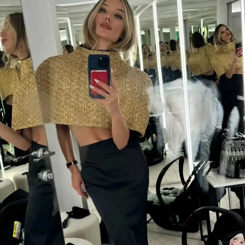 Elegant Chic Gold Sparkle Capelet Top Shiny Tweed Shoulder Wrap Turtleneck Short Cloak New Lady Evening Club Party Tops 2026