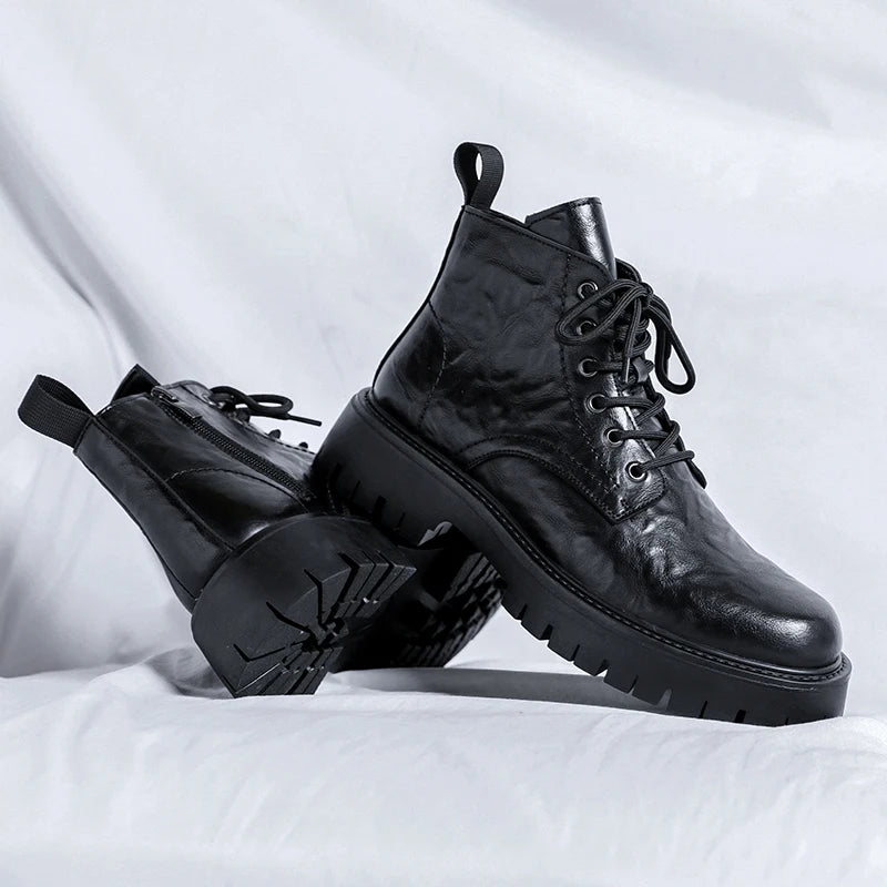 New Fashion Lace Up Casual Mens Boots Mens Thick Sole Ankle Boots Trendy Comfortable Mens Classic Black/Brown Motorcycle Boots