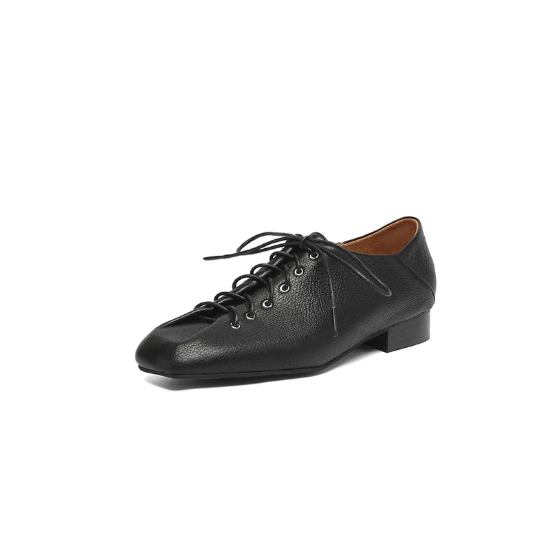 Soft Pumps Women Square Toe Lace Up Young Lady Casual Pumps For Students Low leather heels Heels Shoes