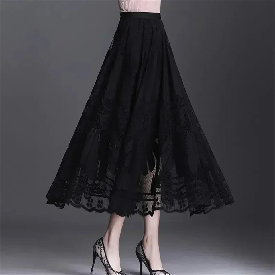Women Vintage Sexy Hollow Lace High Waist Elegant Party Long Skirt Summer Fashion Black Pleated Fairy A Linen Maxi Skirts Faldas