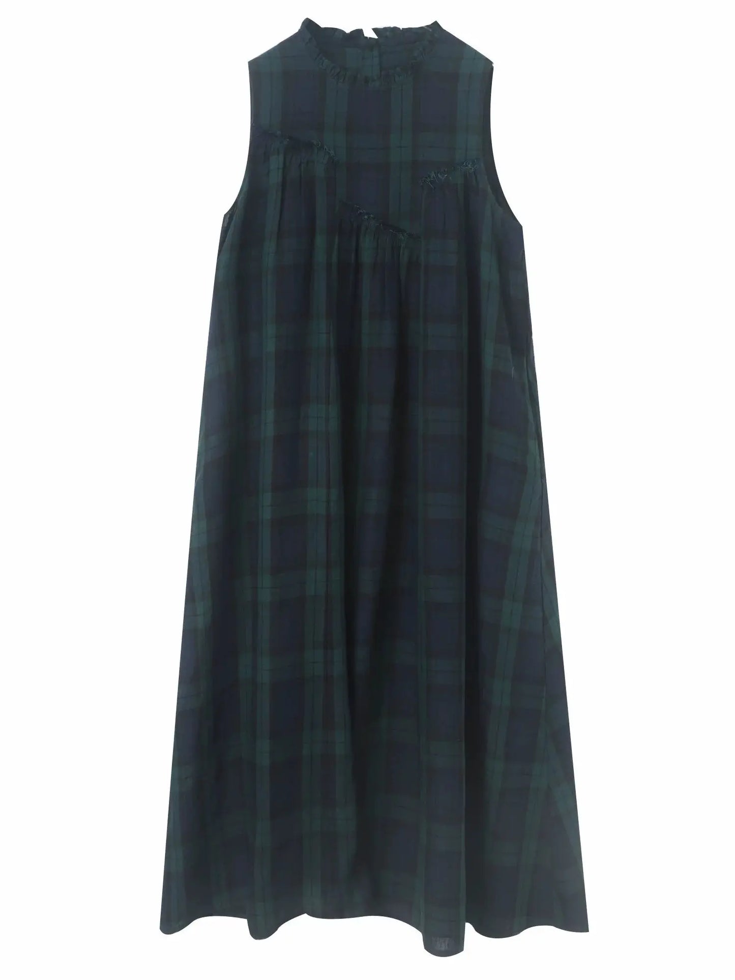 Summer 2026 Large Size Cotton Linen Plaid Vest Skirt Long Svel Dr Chest Splicing Wooden  Ear A-Line Dr