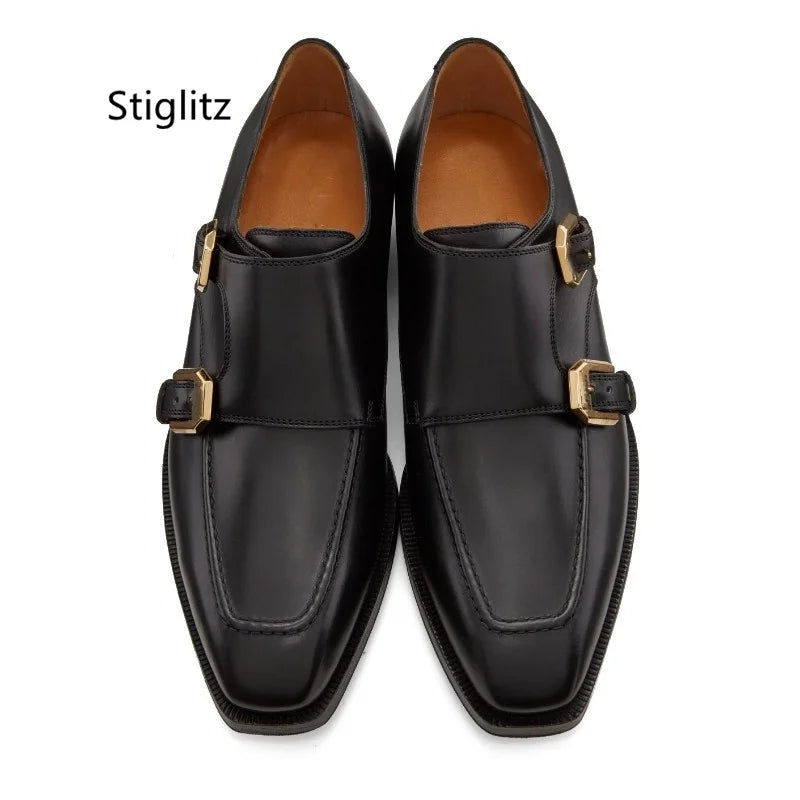Black Genuine Leather Shoes for Men Metal Buckle Slip On Men Formal Dress Shoes Office Work Casual Business Shoes Loafers Male