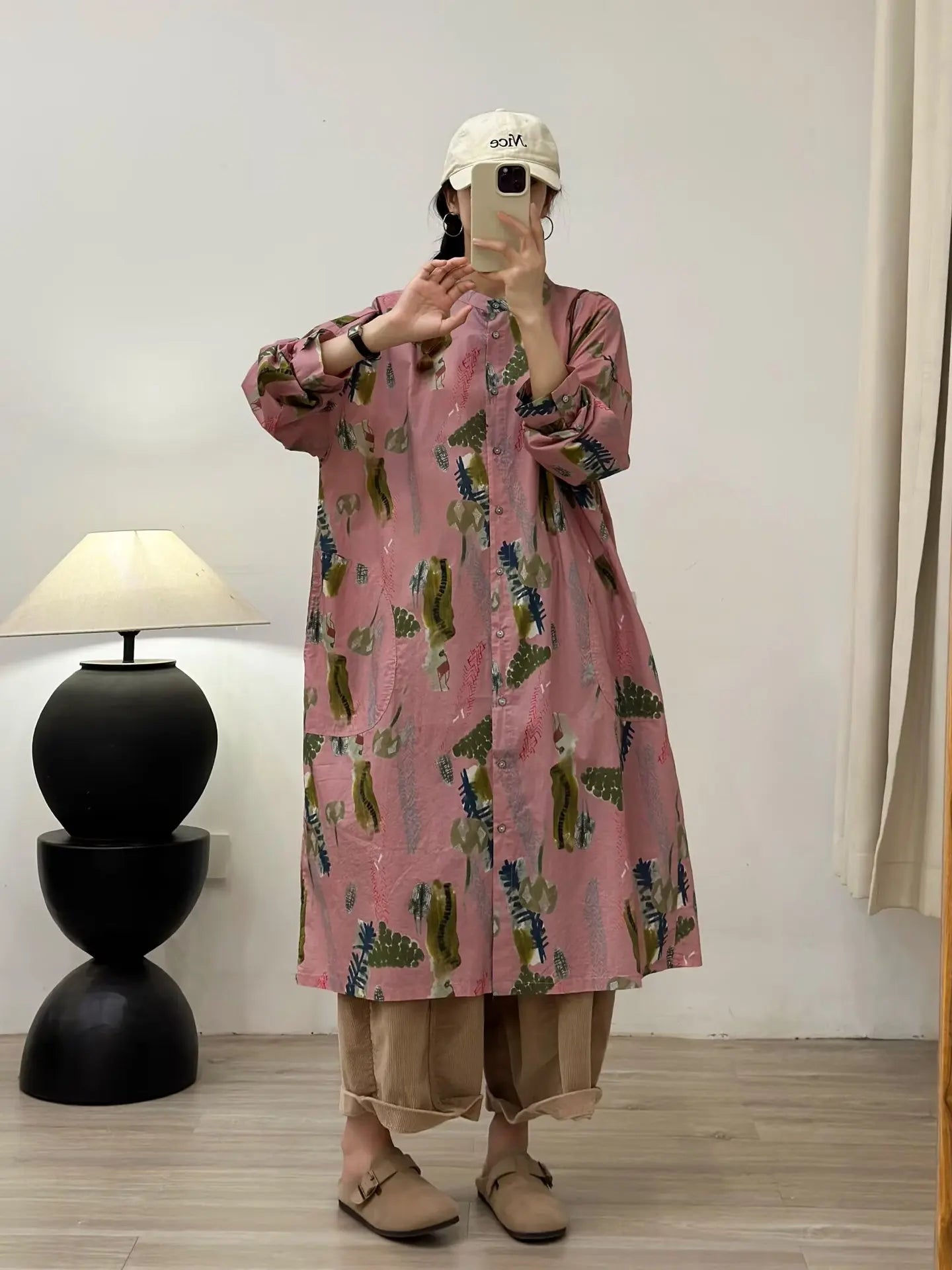 2026 Vintage long shirt dress for women spring harajuku fashion pink blue print shirt dress 100% cotton single-breasted dress