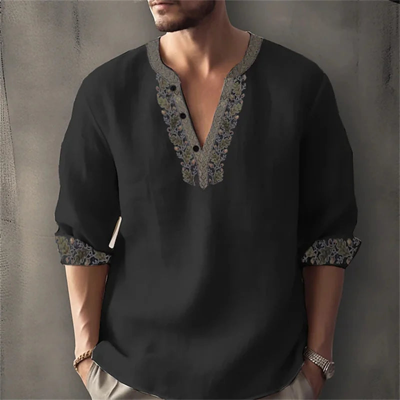 2026 Summer New Men's Fashion Printed Shirt, Henley Collar, Long Sleeve, Ethnic Style, Loose Fit, Breathable, Casual Men's Top