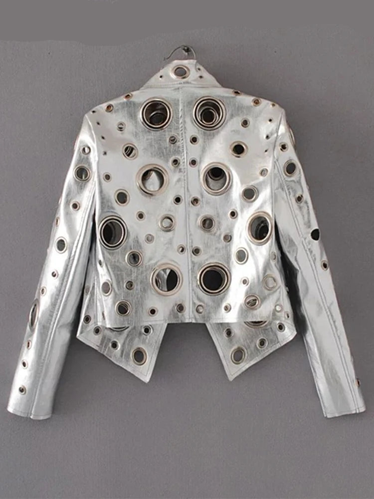 Rocker Runway Cut Out Short Faux Leather Jacket Golden Rivet Cool Stylish Designer Clothes Women European American Fashion 2022