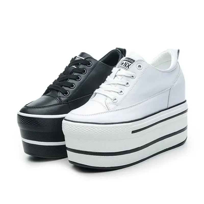 Fashion 10.5cm High Thick Heel Platform Flats Women Casual Shoes Genuine Leather Soft Quality Casual Shoe Sneakers White Black