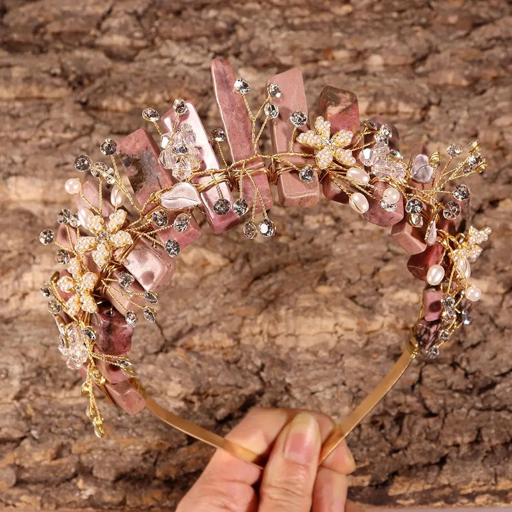 Natural Amethyst Quartz Crown Raw Stone Wand Hairpin with Flower Rhinestone Hand Crafted Women Hair Band for Party Birthday Gift