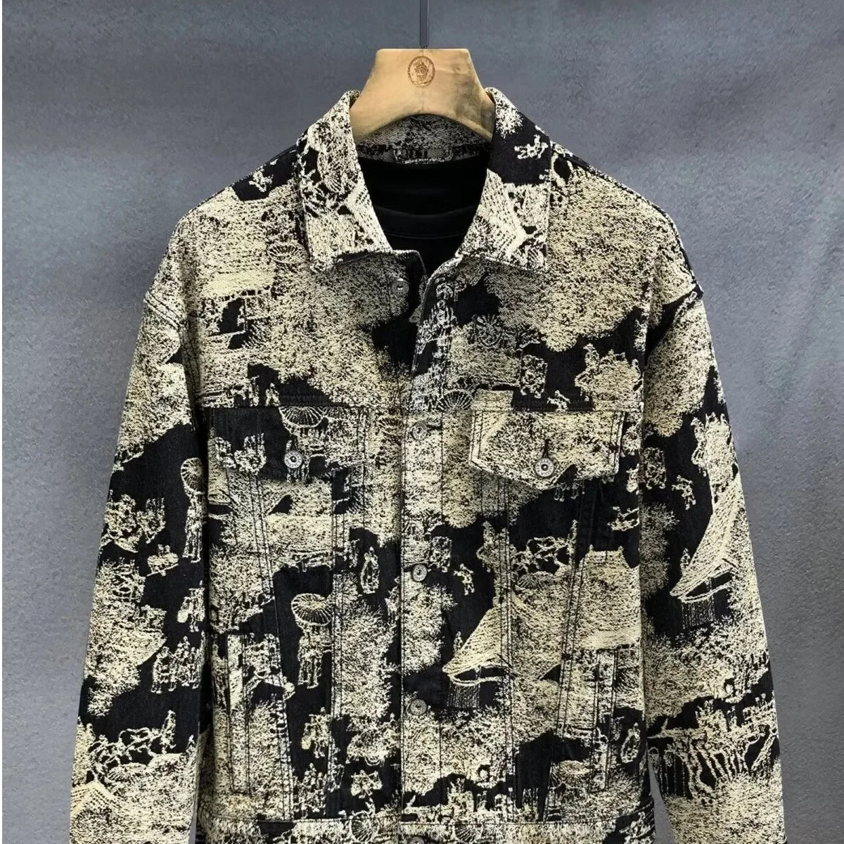 Retro Camouflage Loose Men's Jacket Long Sleeve Embroidered Denim Coat Fashionable Trendy Outerwear Comfortable Fit Male Coat
