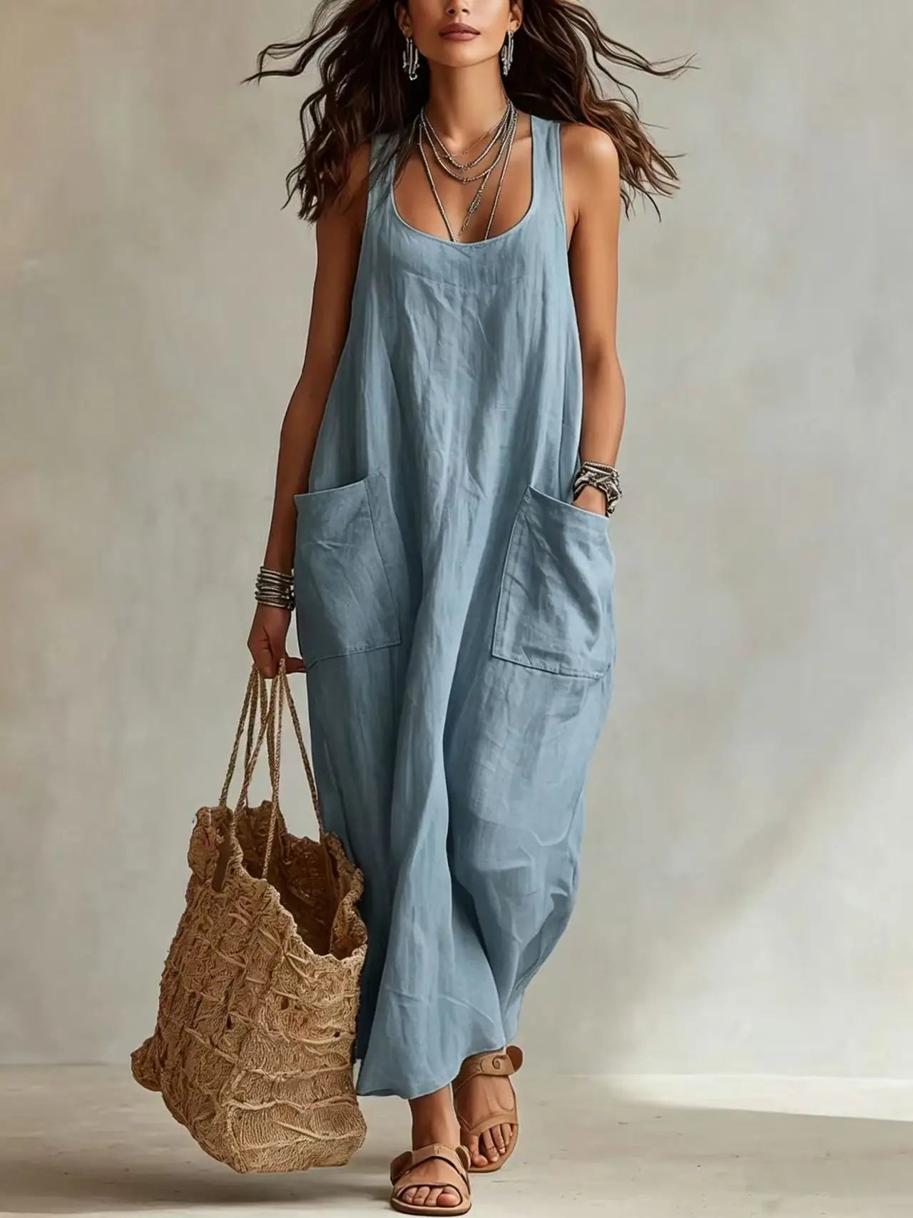 Women's Cotton Linen Square Neck Maxi Dress with Pockets Spaghetti Strap Sleeveless Loose Vacation Beach Long Sundress S-2XL