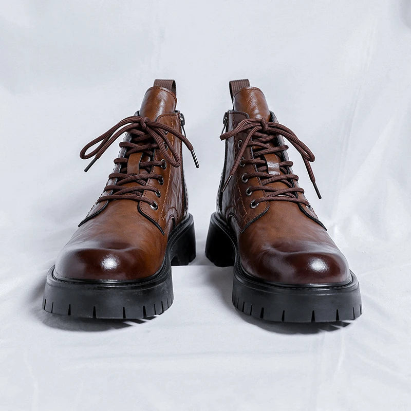 New Fashion Lace Up Casual Mens Boots Mens Thick Sole Ankle Boots Trendy Comfortable Mens Classic Black/Brown Motorcycle Boots