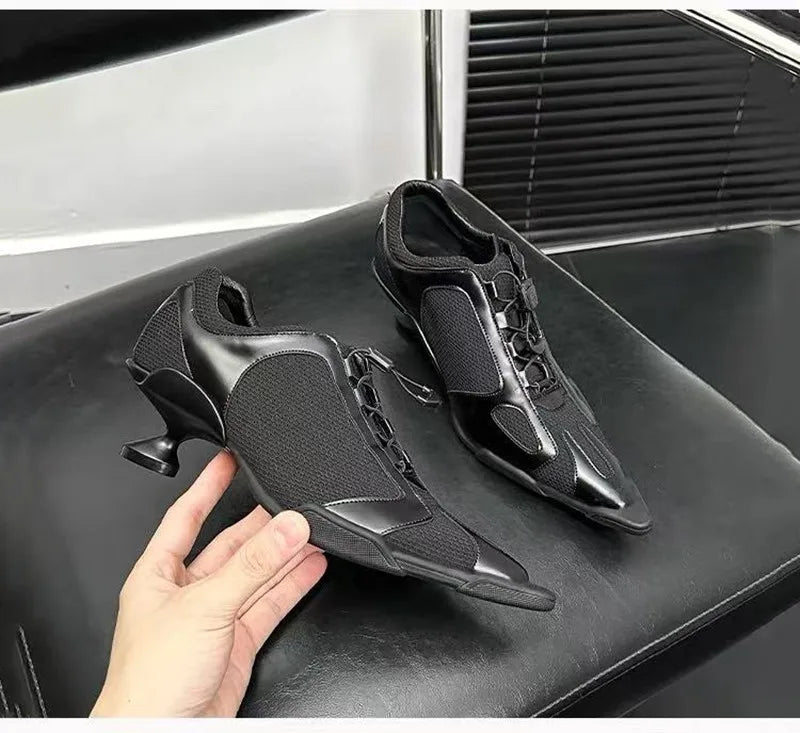 Sport Style Fashion Mixed-color Pointed toe Women Pumps Spring Autumn Breathable Mesh Strange High heels Casual Sneakers Shoes