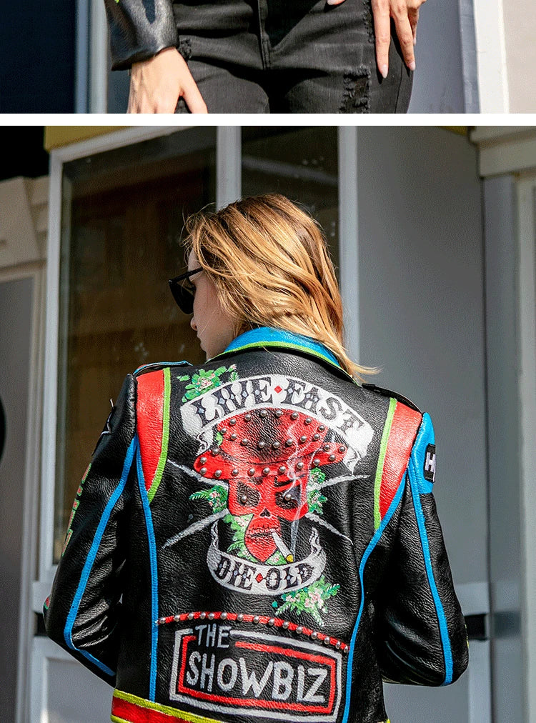 Candy Punk Streetwear Motorcycle Leather Jackets Women 2025 Trend Contrast Color Print Short Punk Studded Faux Leather Biker Jacket