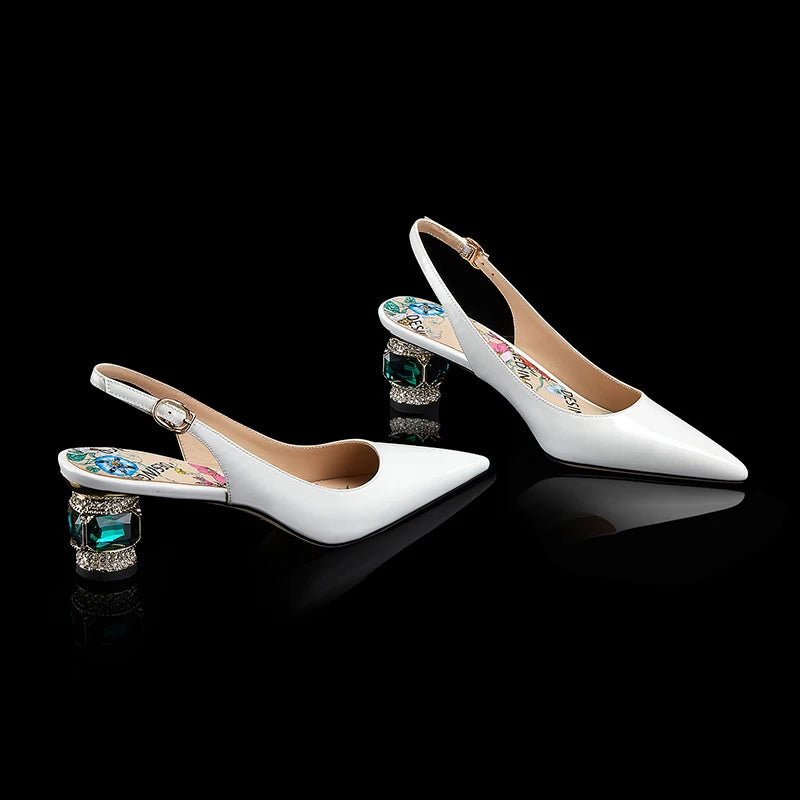 Dilalula 2025 Patent Cow Leather Crystal Heels Sandals Women Pointed Toe Office Ladies Party Dating Wedding Sandals Plus Size