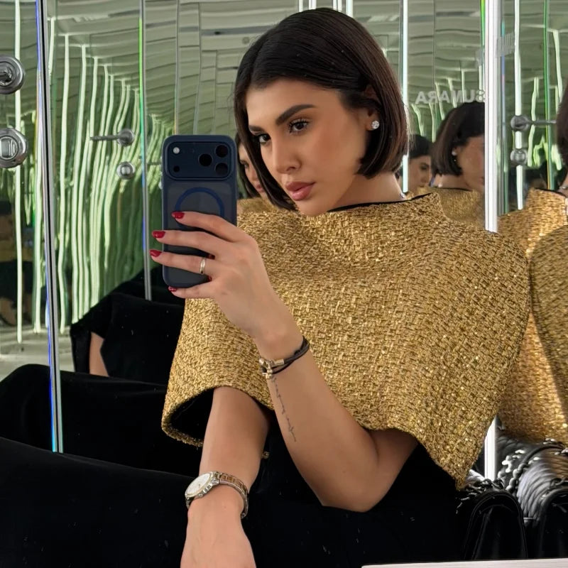 Elegant Chic Gold Sparkle Capelet Top Shiny Tweed Shoulder Wrap Turtleneck Short Cloak New Lady Evening Club Party Tops 2026