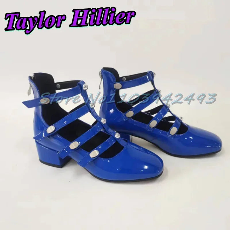 Gladiator Green Heeled Sandals Rivets Women Designer Luxury Shoes Patent Leather Solid Sandalias De Mujer Roman Strappy Palace
