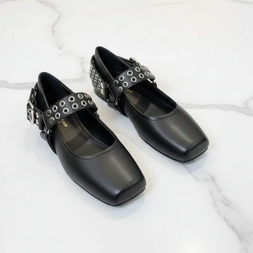 Fashion Square toe Rivet Metal buckle Women Ballet Flats Comfortable Soft Leather Mary Janes Boats Loafers Casual lazy Shoes