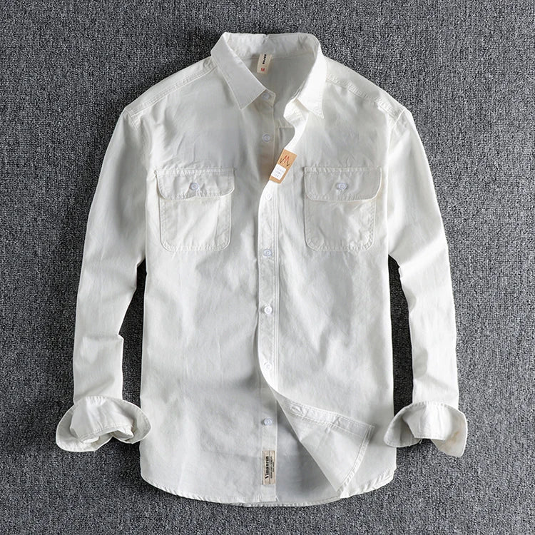 Autumn New American Retro Twill Woven Cargo Shirt Men's Fashion Pure Cotton Washed Old Long Sleeve Double Pocket Casual Blouses
