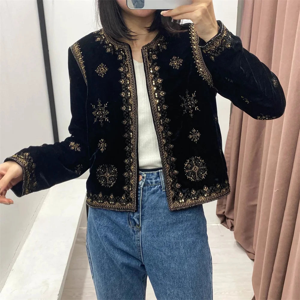 2025 Zarb Spring/Summer New Women's Fashion and Versatile Slim Fit Trendy Palace Embroidered Velvet Coat