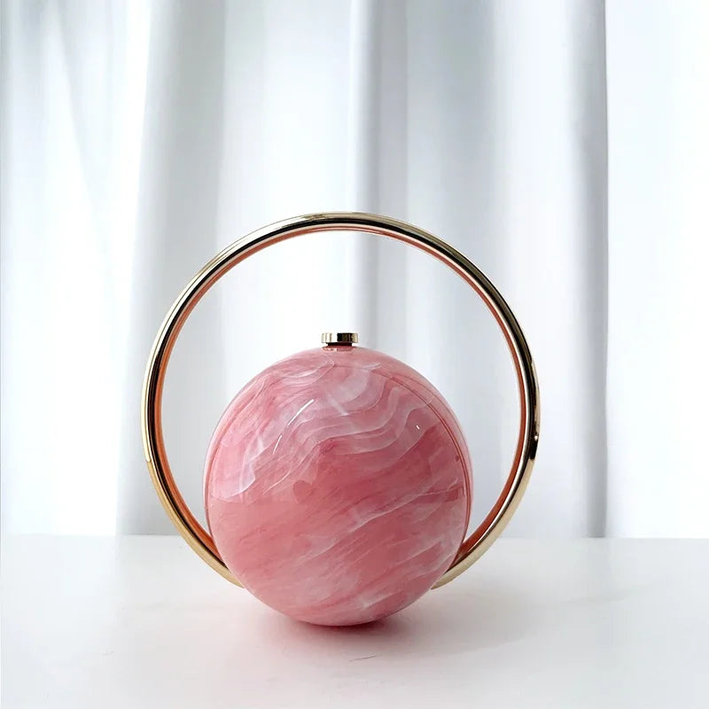  Designer Electroplating Circular Handle Handbag,Sphere Evening Elegant Clutch Purse,Women Fashion Marble Pattern Tote Bag