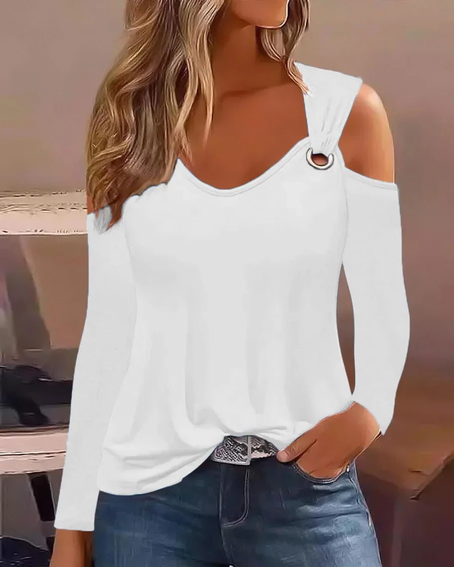 Womens Floral Print Cold Shoulder Long Sleeve Top Ring Strap V Neck Loose Casual Daily Commute Fashion Blouse