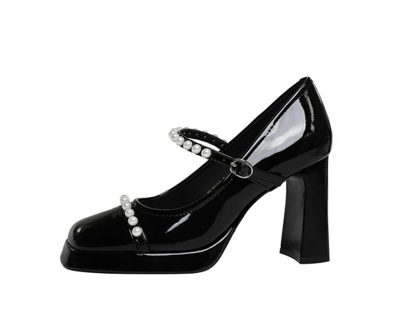 Retro Style Color Block Square Toe Thick Heel High Heels Women's Waterproof Platform Pearl Mary Jane Shoes Casual Fashion