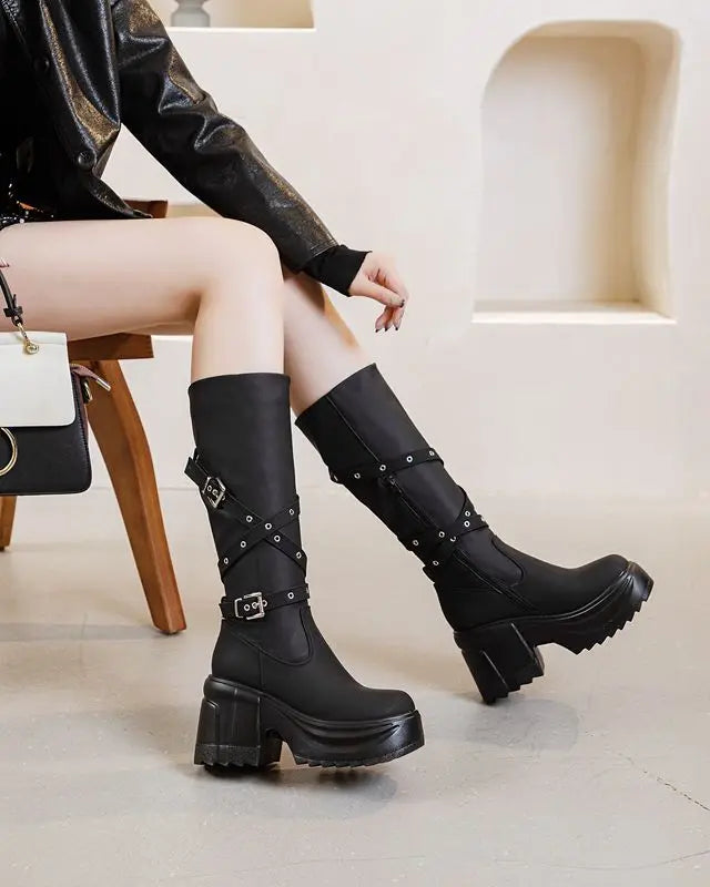 Fujin 10cm Microfiber Women Boots British Boots ZIP Synthetic Leather Ankle Spring Platform Wedge Knee High Fashion Autumn Shoes