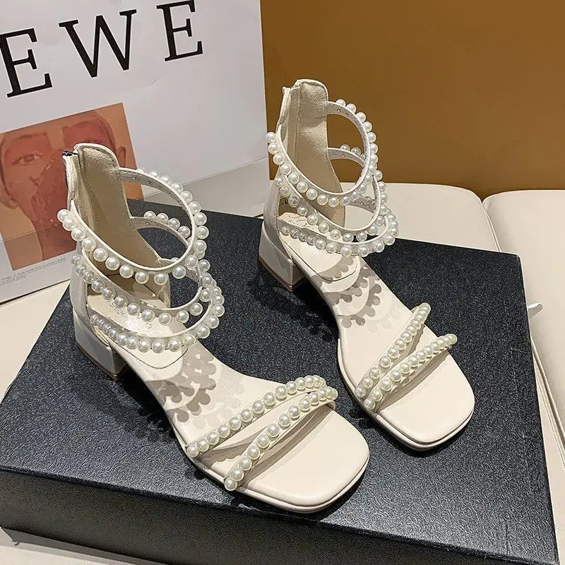 Pearl with Medium Heels Summer 2025 Women's Shoes Sandals for Woman Square Footwear Black Comfort Anti Slip Hot Vip The Best H F