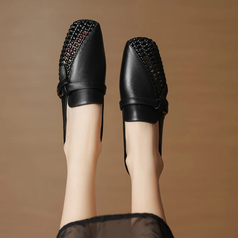 Dilalula 2025 Genuine Leather Hollow Women Mules Covered Toe Low Thick Heels Casual Slippers Ladies Summer Walk Belt Mesh Slides