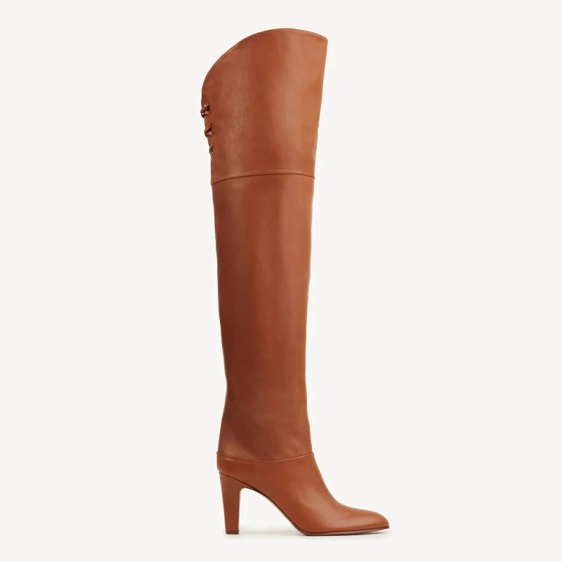 Elegant Leather Over The Knee Pleated Boots. Trendy Sexy Pointed Toe Stiletto.