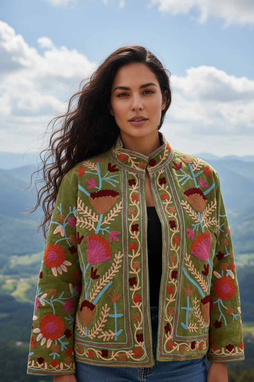 Unisex Handcrafted Suzani Velvet Jacket Floral Embroidered Winter Coat Bohemian Ethnic Outerwear Factory Direct Wholesale Price