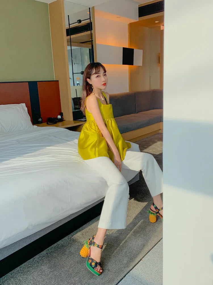 Sweet Lady Pineapple Heels High Heels Women's Thick Bottom Water Platform Printed Fabric Personalized Ultra High Heels Oversize