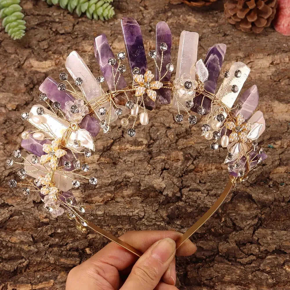 Natural Amethyst Quartz Crown Raw Stone Wand Hairpin with Flower Rhinestone Hand Crafted Women Hair Band for Party Birthday Gift