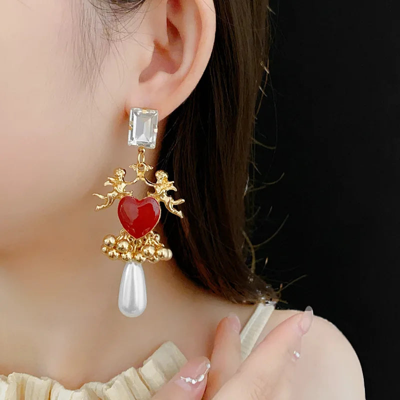 Vintage Silver Needle Drop Oil Love Earrings for Women Vintage Light Luxury Beads Tassel Drop Earring Luxury Designer Jewelry