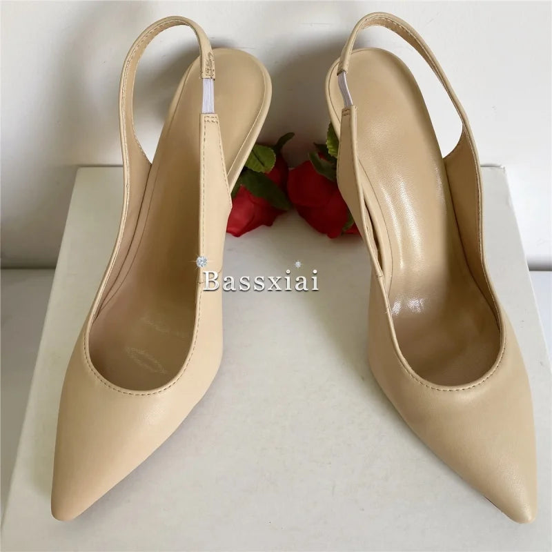 Unique Rose Flower Heel Women Pumps Genuine Leather Slingbacks Sexy Pointed Toe Dress Shoes For Girls
