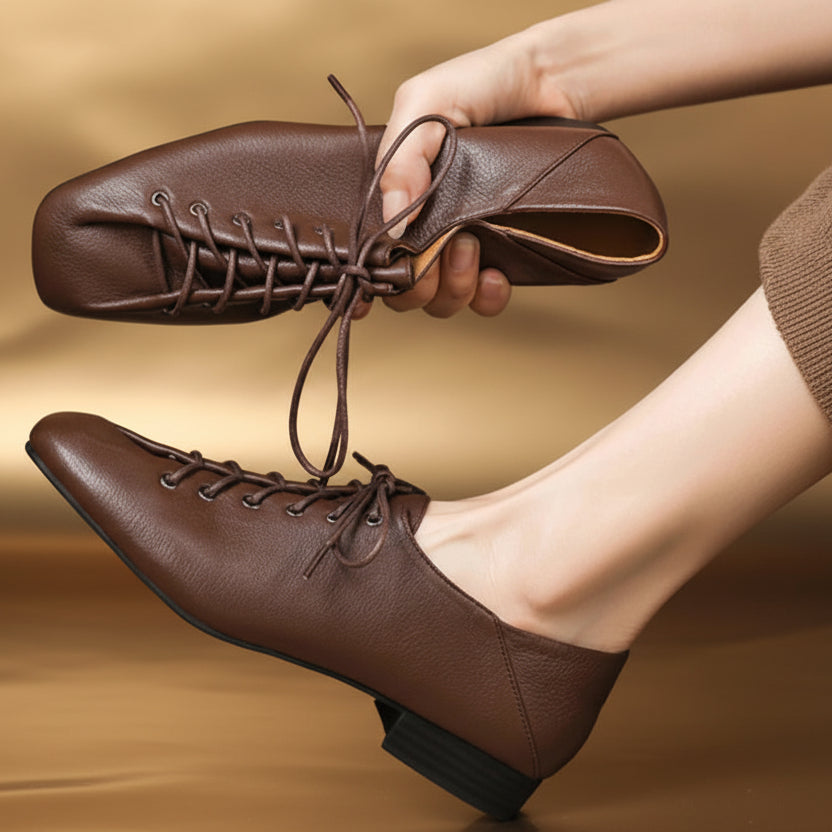 Soft Pumps Women Square Toe Lace Up Young Lady Casual Pumps For Students Low leather heels Heels Shoes