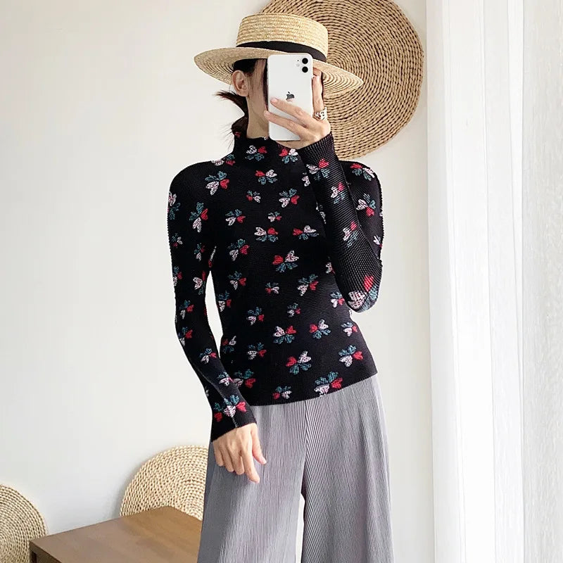 Miyake Pleated Contrasting Colors T-shirt Women Half Turtleneck Skinny Pullover 2025 Summer Fashion Female Clothing