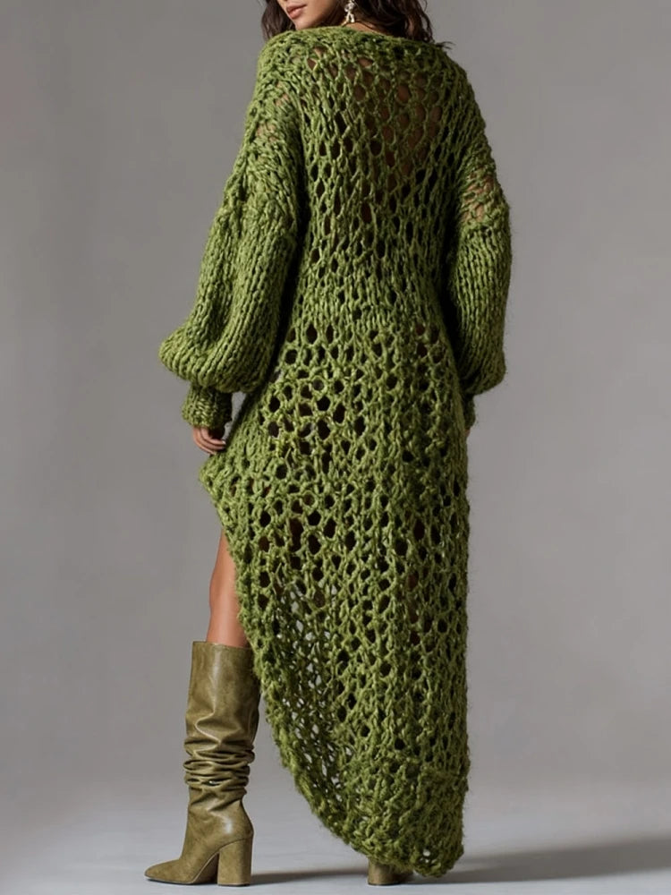 V-Neck Rib Knitted Dress Hollow Out Loose Fit Mini Skirt Asymmetrical Hem Street Style Sexy Trendy Women's Fashion Party Dresses