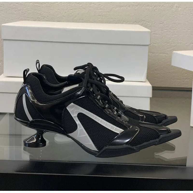 Sport Style Fashion Mixed-color Pointed toe Women Pumps Spring Autumn Breathable Mesh Strange High heels Casual Sneakers Shoes