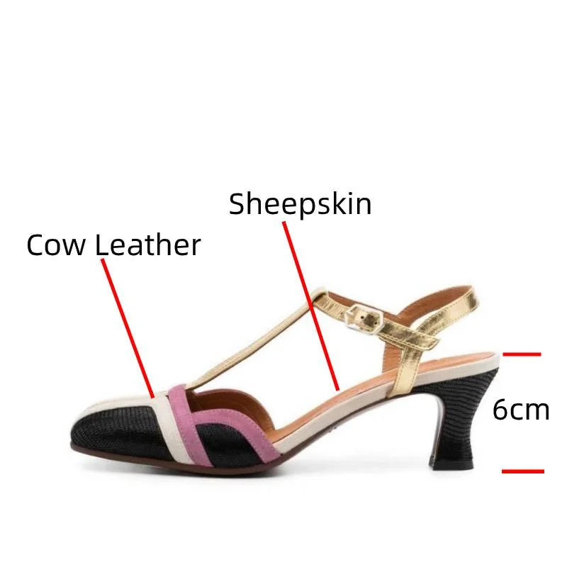 Dilalula 2025 Summer French Style T-Strap Genuine Leather Sandals Women Covered Toe High Heels Mixed Color Party Dating Sandals
