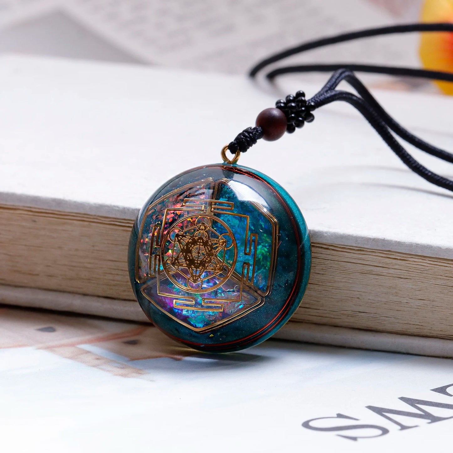 Rodin Coil &Opal Orgone Pendant Necklace , Blue glass pendant jewelry, Chakra Balancing, Adjustable Chain