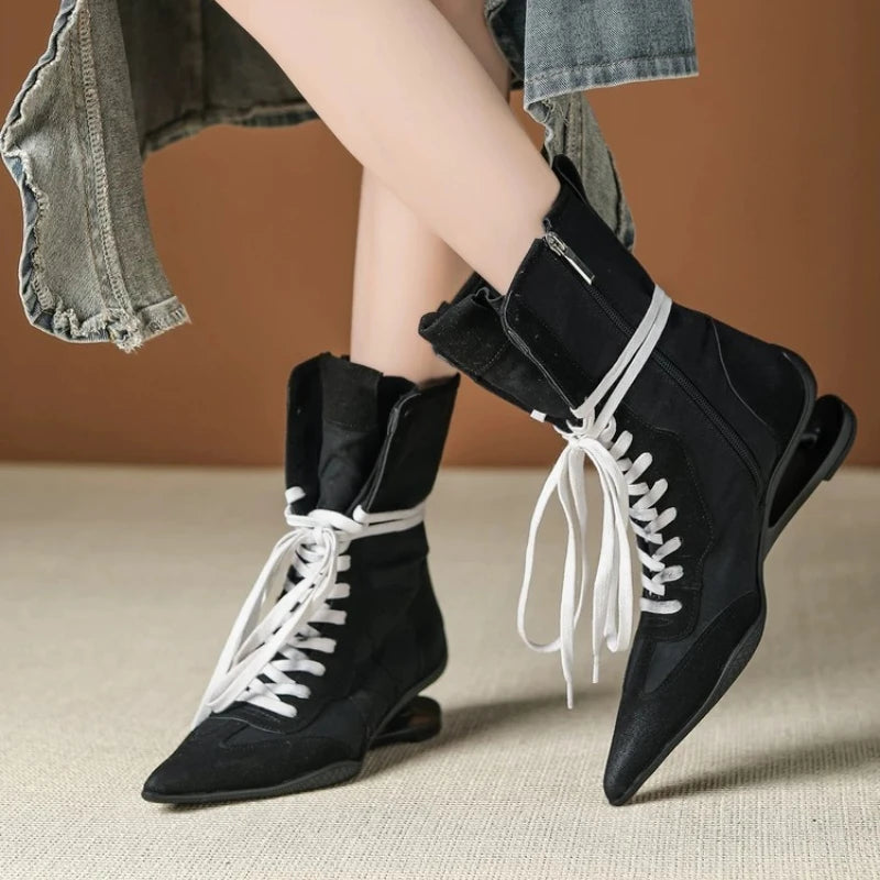 Pointed Toe Cross-tied Designer Women Boots Warm Strange Heel Retro Ankle Boots Zip Street Style Fashion High Short Boots Female