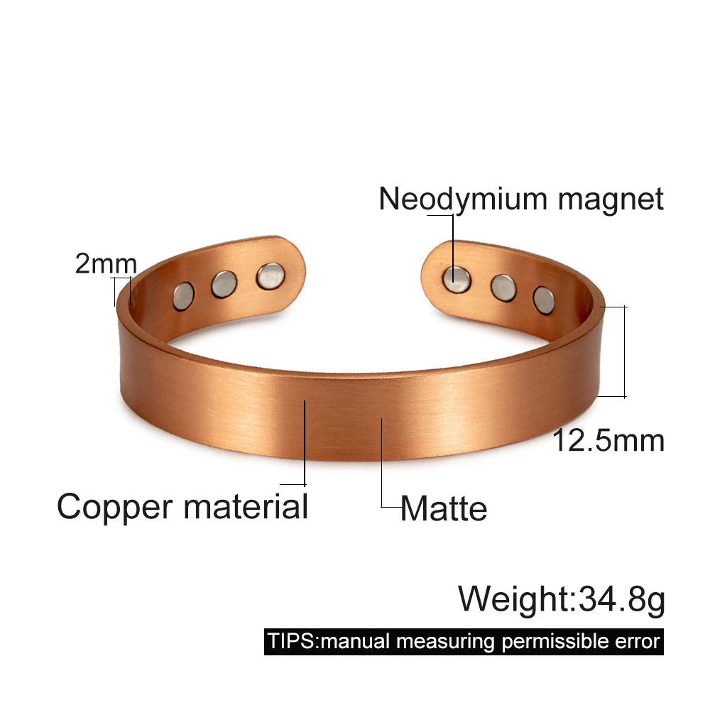 Vinterly Matte Pure Copper Bracelets Men Magnetic Arthritis Adjustable 10mm Wide Open Cuff High Magnet Energy Bangles Resizable