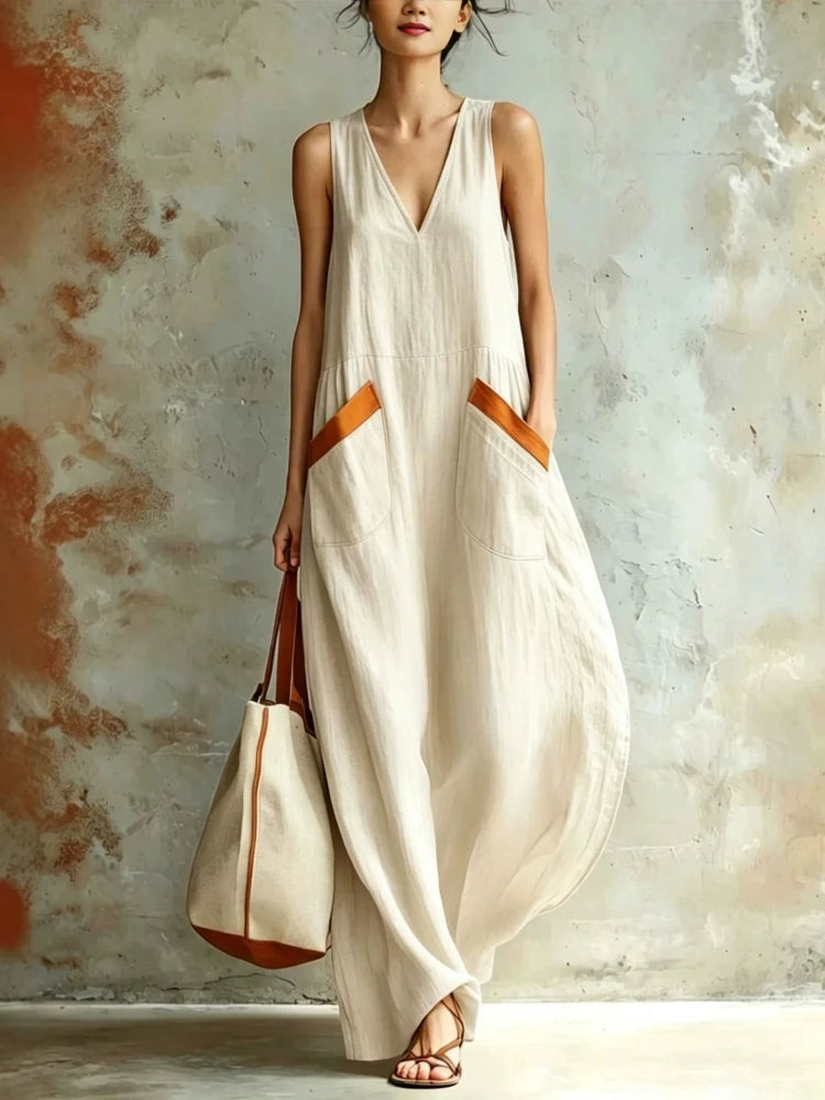 Women Boho Sleeveless Maxi Dress Deep V Neck Flowy Long Tank Dress Summer Casual A-line Loose Color Blocking Pockets Dresses