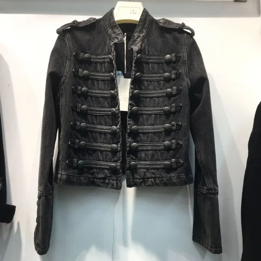 Retro Military Style Handsome Stand Collar Denim Jackets Female Double-breasted Wild Slim Short Denim Jackets Women Outerwear