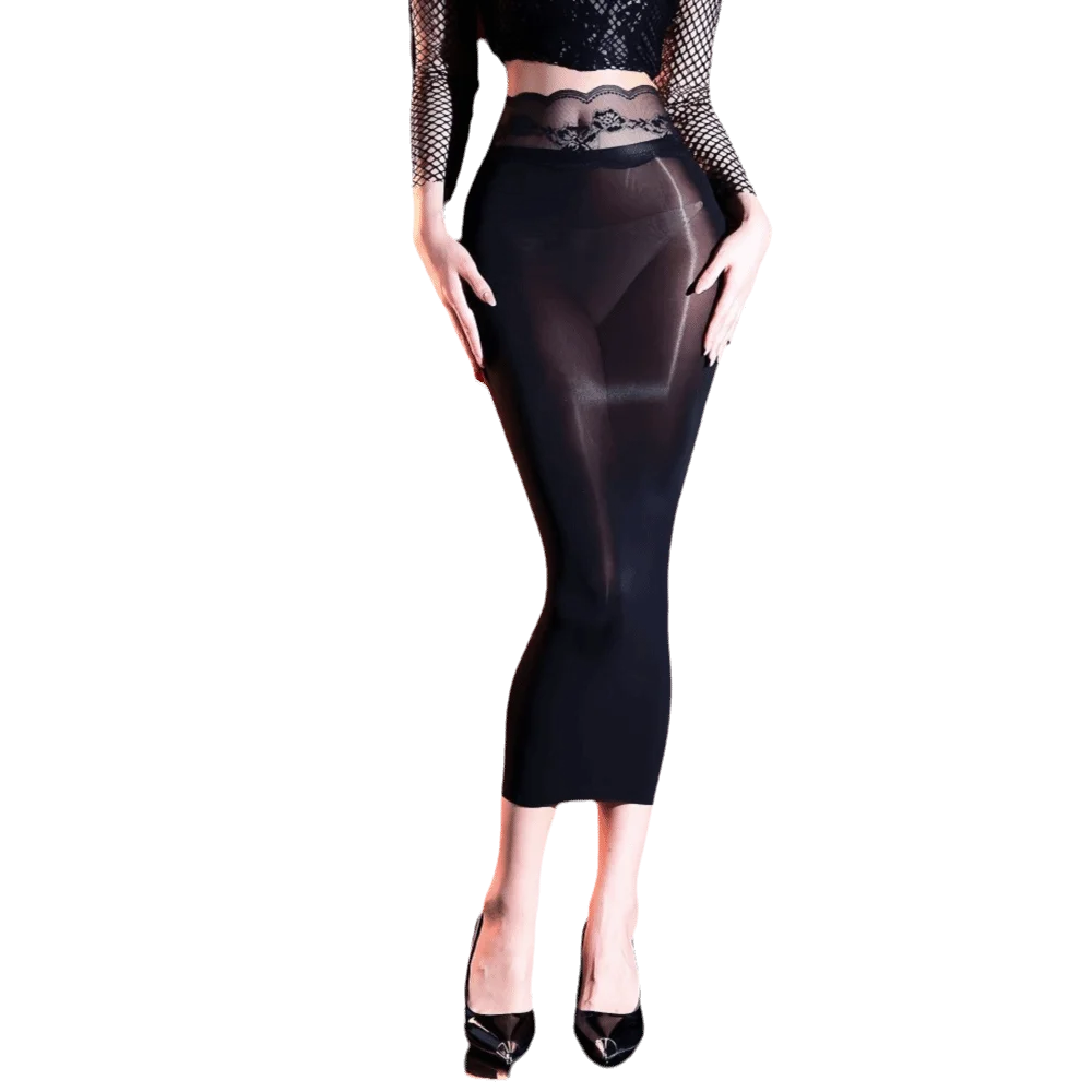5D Ultrathin Hip Pencil Skirts Elastic Lift Butt Oil Glossy Shiny Bodycon Dresses Sheer High Lace Waist Sheer Wrap Skirts Women
