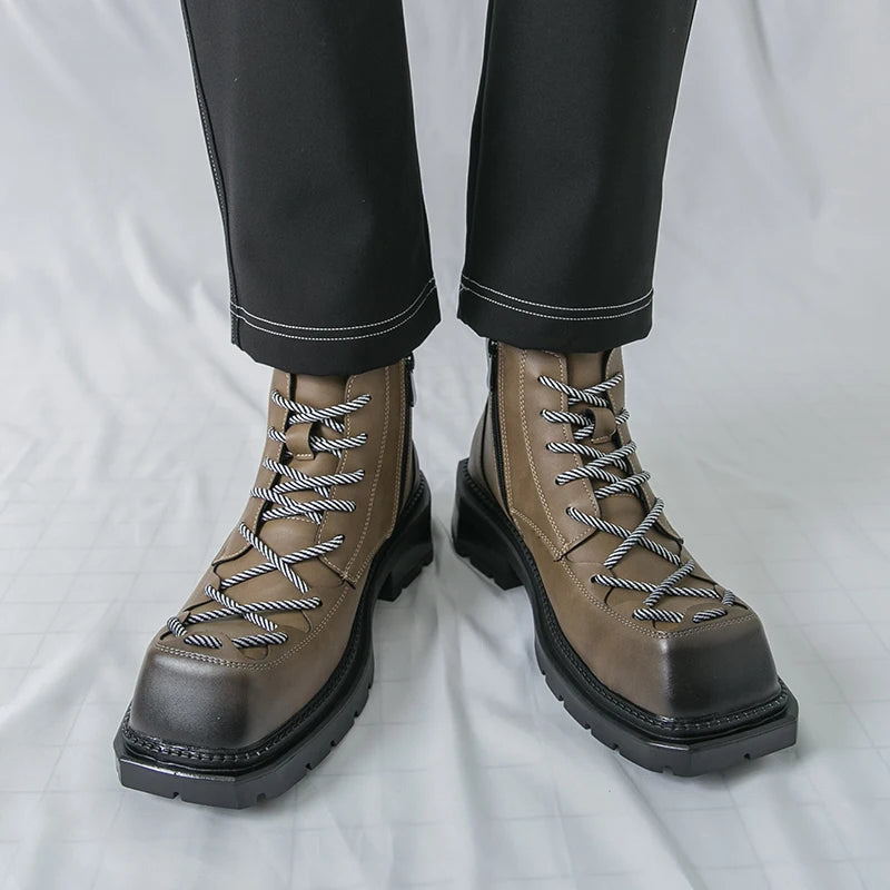Autumn New Men Comfortable Lace Up Side Zipper High Top Leather Shoes Fashion Brand Round Toe Thick Soled Non Slip Outdoor Boots