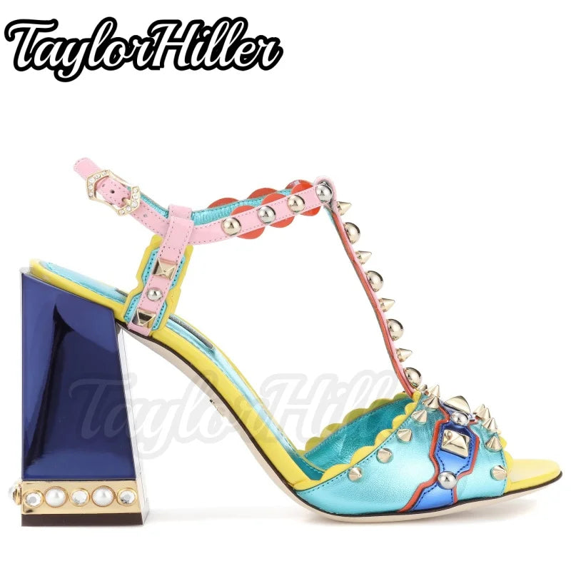 Colorful Gemstone T-strap Heeled Sandals Shallow Buckle Strap Square Heel Gladiator Heels Summer Vacation Bohemian Style Shoes