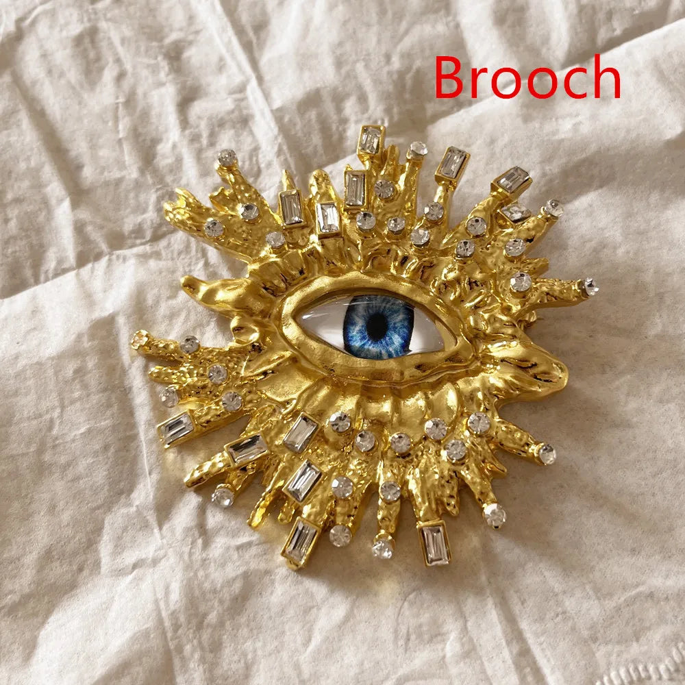 Baroque Style Metal Golden Plated Eyes Tassel Dangle Earrings Ring Brooch For Women Fashion Jewelry Exaggerated Accessories