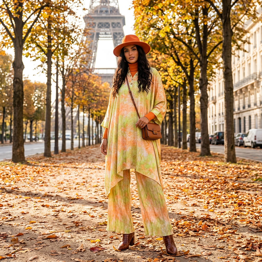 Retro geometric print V-neck pullover irregular dress 2026 autumn women's clothing+loose plus wide leg pants fashion set